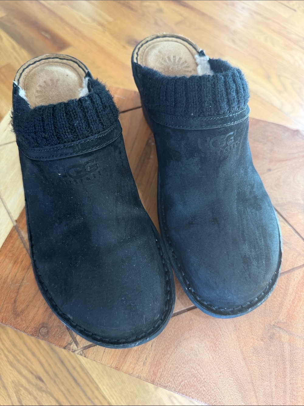 UGG Women’s Comfy Black Suede Mules with Soft Sherpa Lining, 9